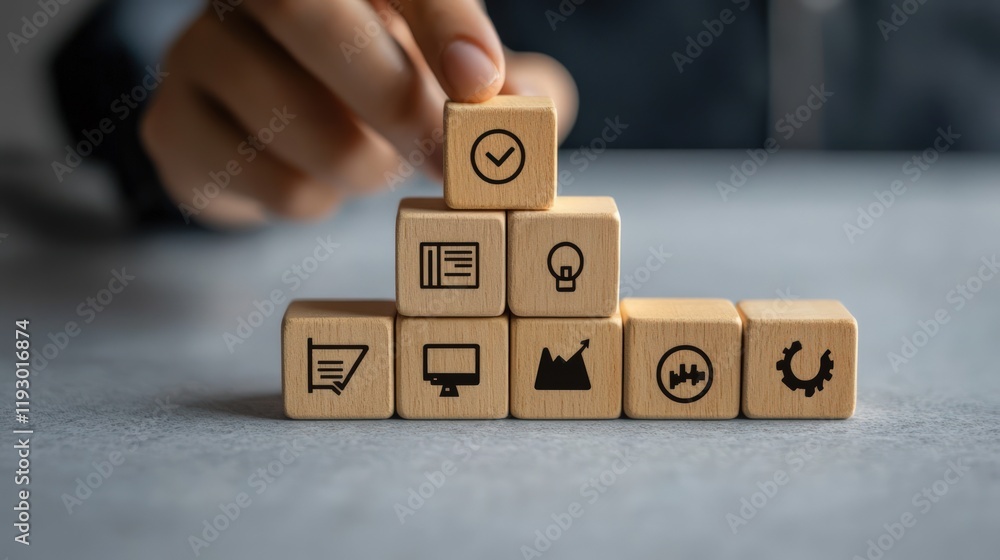 Poster hand placing a wooden block with a checkmark on top of a pyramid of blocks with various business ico