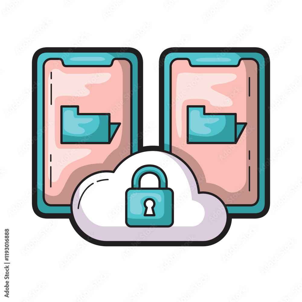 Poster two phones showcasing secure cloud storage with folder icons. perfect for technology concepts, data 