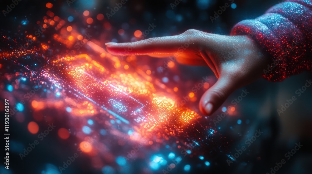 Poster hand interacting with glowing digital interface.