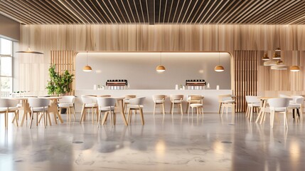 Modern Canteen with Wood Chairs and Table - 3D Rendered Professional Image