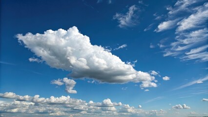 Fototapeta premium A lone white cloud drifts lazily across the brilliant blue expanse of a clear summer sky with a few scattered cumulus clouds, cloud, soft, white