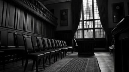 Naklejka premium Dimly Lit Corporate Bankruptcy Hearing Room with Imposing Judge's Bench and Empty Chairs, Conveying a Somber and Serious Atmosphere