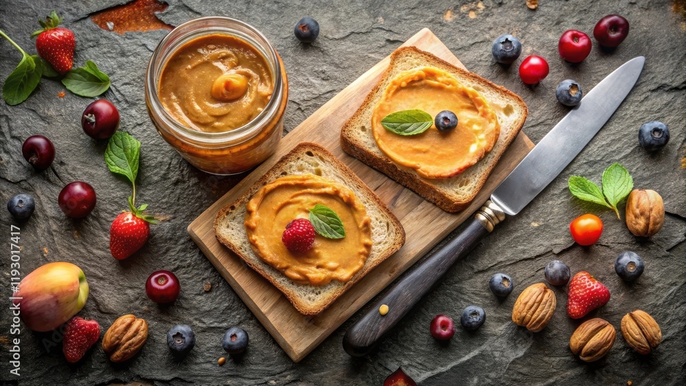 Poster delicious nut butter spread on whole grain bread, topped with fresh berries and mint, alongside a ja