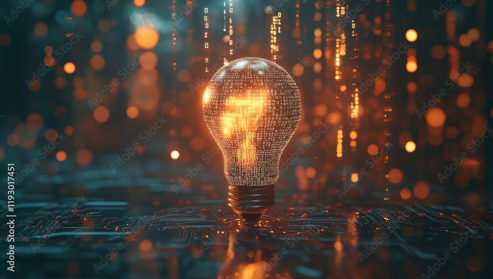 Poster glowing light bulb with binary code and digital background symbolizing innovation, technology, and m