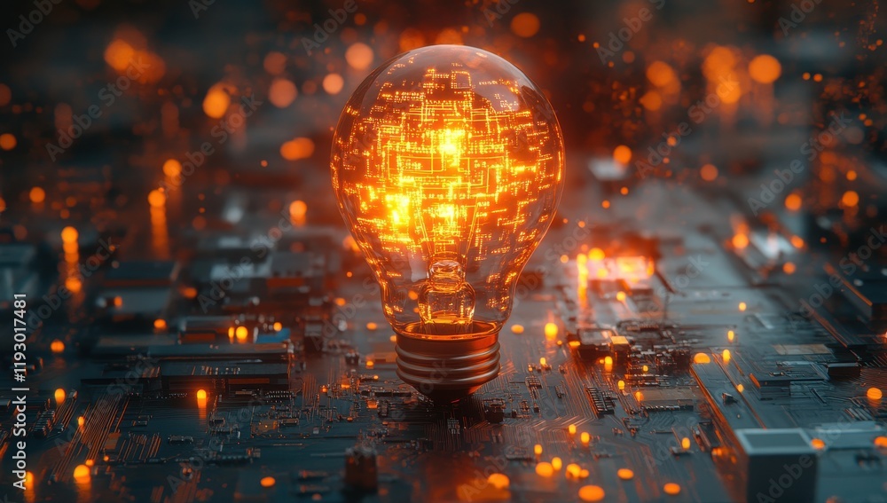 Poster glowing light bulb with circuit board texture emphasizing technology and innovation in modern digita