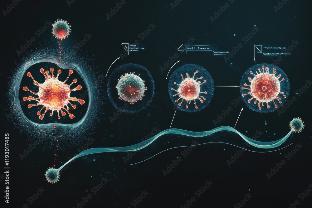 Aufkleber illustrated stages of virus lifecycle with emphasis on penetration, replication, and spreading proce