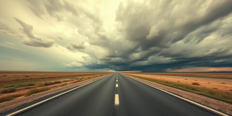 A long asphalt road stretching out into the distance under an overcast sky with dark clouds rolling in, highway, rain cloud