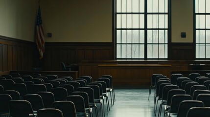 Dimly Lit Corporate Bankruptcy Hearing Room with Imposing Judge's Bench and Empty Chairs, Conveying a Somber and Serious Atmosphere