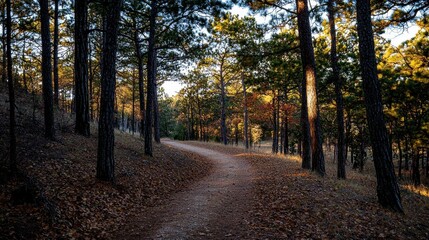 Winding forest trail adventure serene pine grove nature autumn vibes scenic view outdoor exploration