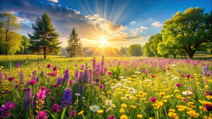 Obraz premium Vibrant Wildflower Meadow at Sunset, Sunbeams Illuminating Lush Greenery and Colorful Blossoms