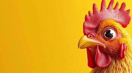 Close-up of a cartoon rooster's head against a yellow background.