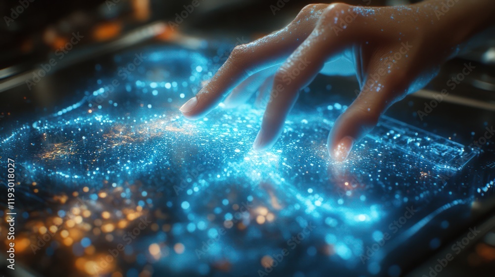 Poster hand interacts with glowing digital map interface.