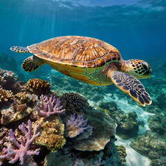 Fototapeta premium Sea Turtle Swimming in a Coral Reef