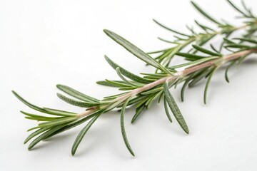 Fototapeta premium A macro shot of a sprig of rosemary with delicate leaves and stems set against a minimalist white background, closeup, art, rosemary, greenery, photography