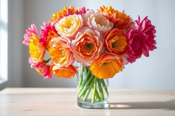 Fototapeta premium Vibrant bouquet of colorful ranunculus flowers in glass vase