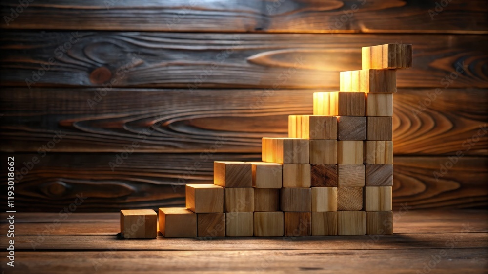 Poster Illuminated Wooden Blocks Ascending in a Stair-Step Pattern on Rustic Wood Surface