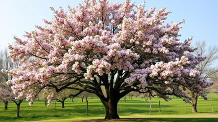 Fototapeta premium A majestic apple tree standing tall in a serene spring landscape with vibrant pink and white blossom covering its branches, nature photography, outdoor scene, blooming flowers