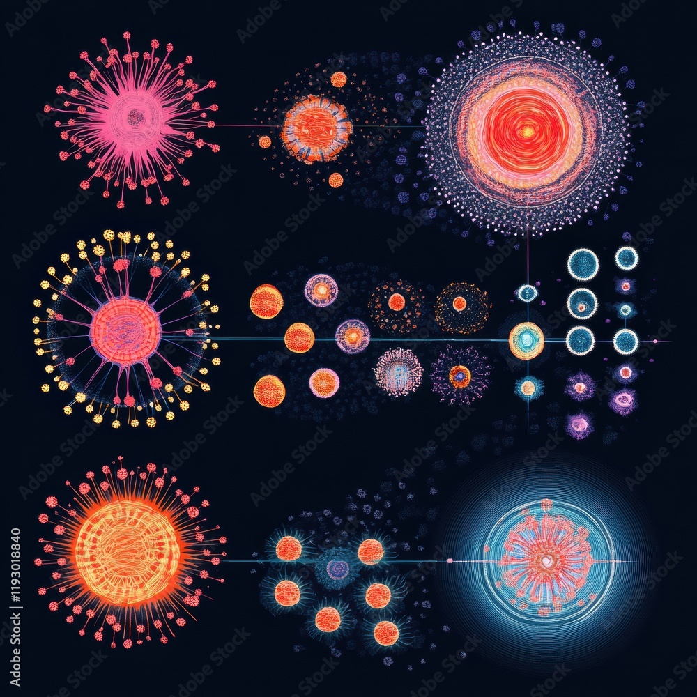 Aufkleber illustrated stages of a virus lifecycle showcasing penetration, replication, and spreading processes