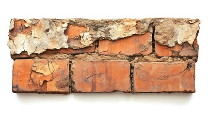 Obraz premium A portion of an old, weathered brick wall with a partially peeled-off surface layer, revealing the underlying structure and texture. The brick is reddish-brown with visible signs of age and wear.