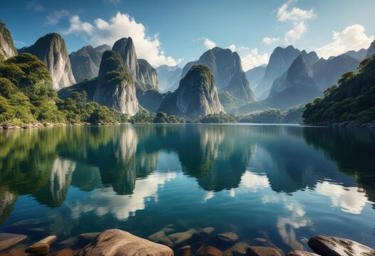 A majestic mountain range reflected in the clear waters of a stunning lake in Rio de Janeiro, mountain, range