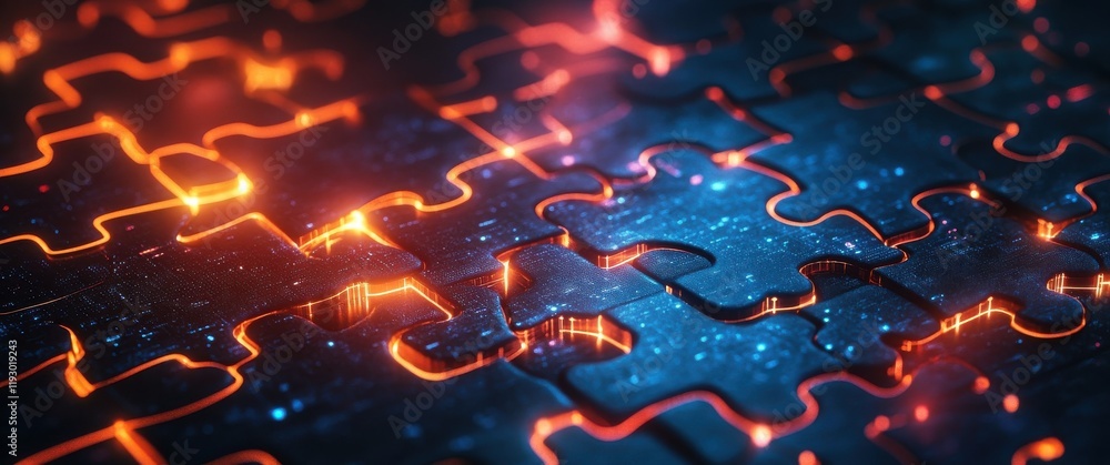 Poster glowing puzzle pieces on a dark surface with neon highlights, symbolizing connection, collaboration,