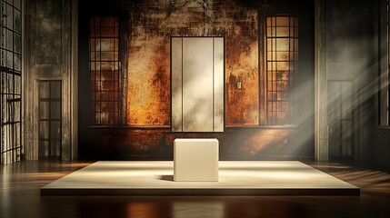 a modern runway display with an ivory podium, set against a roaring twenties speakeasy backdrop under dramatic lighting