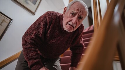 A senior man holding his hip while climbing stairs with a grimace.