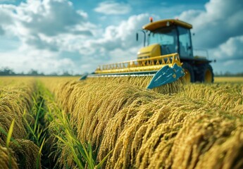 Fototapeta premium Golden Rice Field Harvesting with Modern Tractor Under Dramatic Sky, Vibrant Green Plants and Beautiful Clouds in Rural Agriculture Landscape