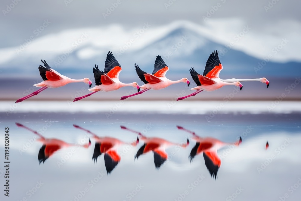 Poster an abstract illustration of a flock of flamingos flying over the uyuni salt flats, with clean lines 