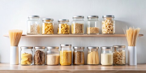 Organized pantry with various dry goods in clear glass jars