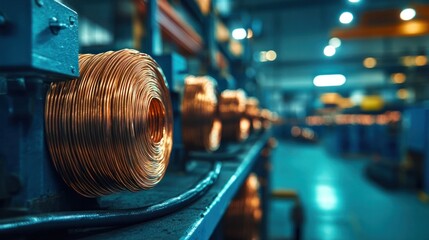 Obraz premium Closeup view of a large coiled copper wire spool or bobbin against the backdrop of a dimly lit industrial factory setting with various machinery equipment and storage racks visible in the background