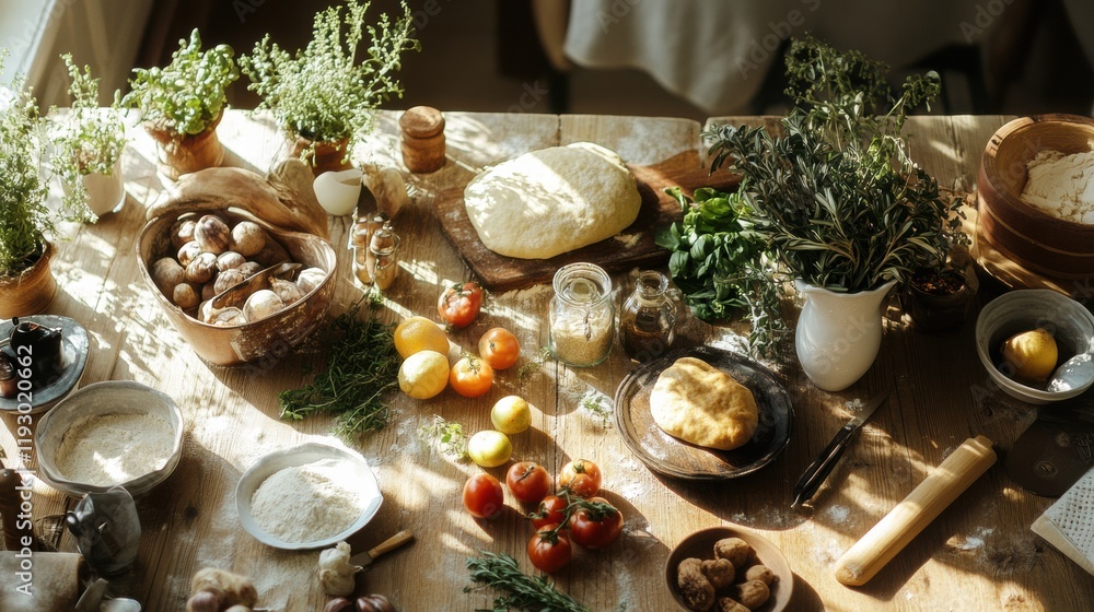 Poster fresh ingredients and rustic baking setup on a kitchen table ready for culinary creation. generative