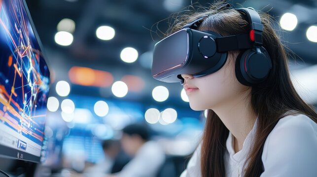 Woman using virtual reality headset at technology fair with startup product displays in the background
