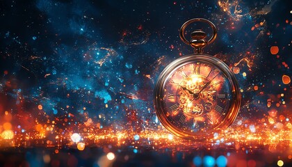 Festive design of a new year clock in a pocket watch, digital illustration with vibrant colors, sparkles, and celebratory elements