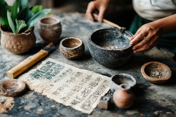 An archaeologist comparing Aztec and Mayan glyphs at the Uxmal site, with tools and notes spread out on a stone table