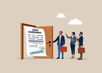 Business people opening a door to see to loan agreement. Loan agreement borrow money from bank, mortgage, debt or obligation to pay back interest rate, personal loan or financial support concept. 