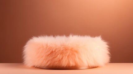 Delicate Round Soft Faux Fur Accent Pillow in Light Peach Color Against Smooth Peach Background