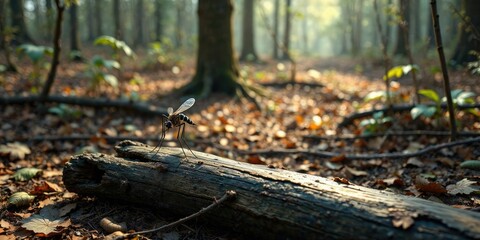 Obraz premium A mosquito perches on a decaying log on a brown forest floor, wood decay, insects in nature