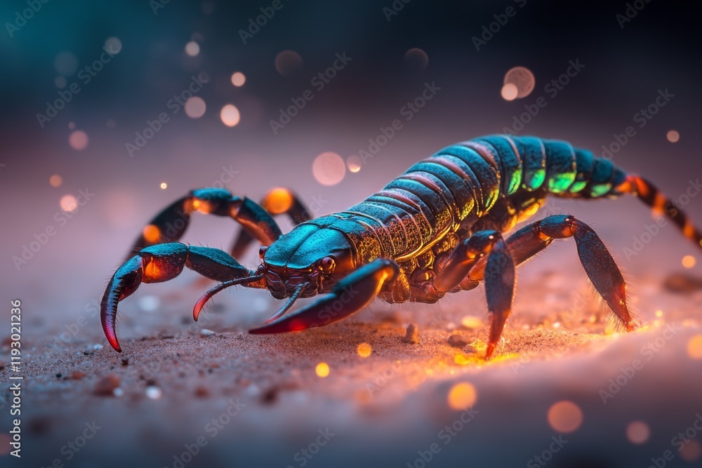 Poster an isolated scorpion glowing bright green under uv light in a pitch-black desert setting