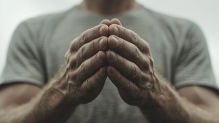 Close-up of man's hands clasped together.