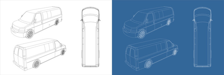 delivery van vector isometric view line art draw blueprint wireframe on isolated on transparent background