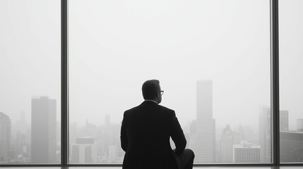 Fototapeta premium A man in a suit gazes out at a foggy city skyline from a high-rise window.