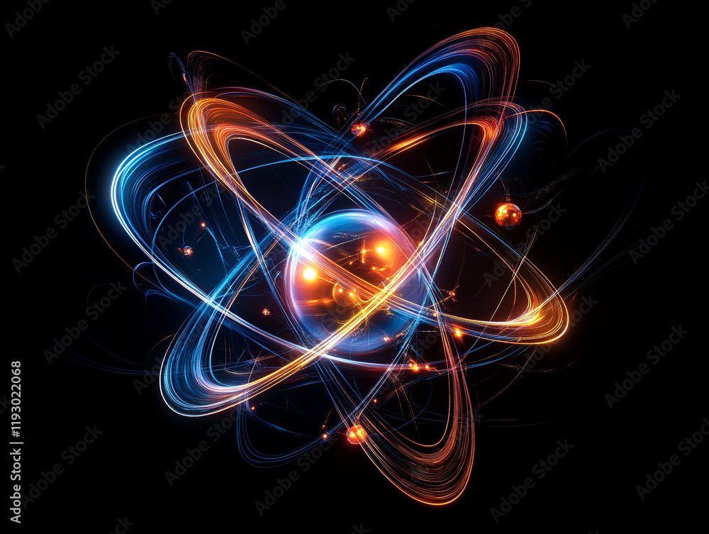 Poster exploring quantum mechanics atomic structure visualization science lab digital art dark background a