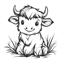 Obraz premium Happy baby yak in grass, peaceful scene, nature illustration, children's book