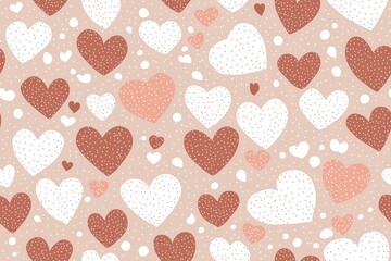 A charming pattern of hearts in soft neutral tones, including white, peach, beige, and muted red, accented with polka dots.