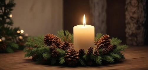 A burning candle placed among a wreath of pine branches and pine cones creates a festive and cozy ambiance, natural centerpiece, rustic charm