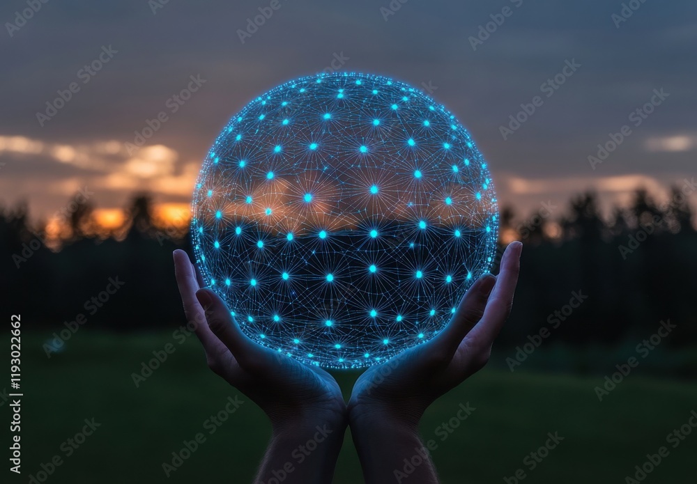 Poster hands holding a digital sphere illuminated by blue nodes, representing global connectivity and techn