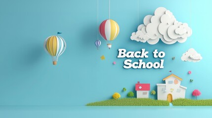 Colorful paper-style illustration for "Back to School" theme with balloons and a house.