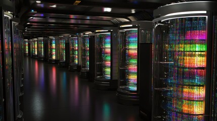 A futuristic data center with colorful data storage units illuminated in a dark corridor.