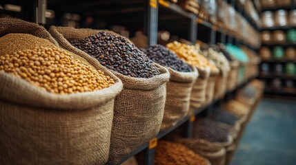 Diverse Collection of Raw Ingredients in Sack Bags Displayed in a Well-Organized Warehouse Setting for Culinary Inspiration and Artisanal Cooking